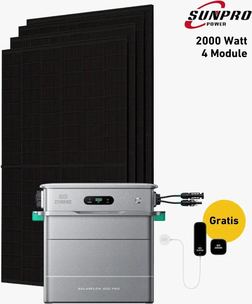 2000 Watt, Bifazial Komplettset, Balkonkraftwerk, Zendure Solarflow 800 Pro, 3 x AB2000X Zusatzbatterie, Halterung Bitumendach vertikal und MC-4 Ve...