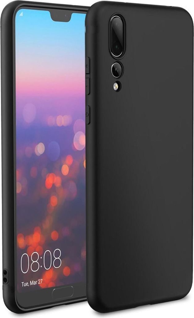 A black silicone phone case is shown next to a smartphone displaying the time and date.