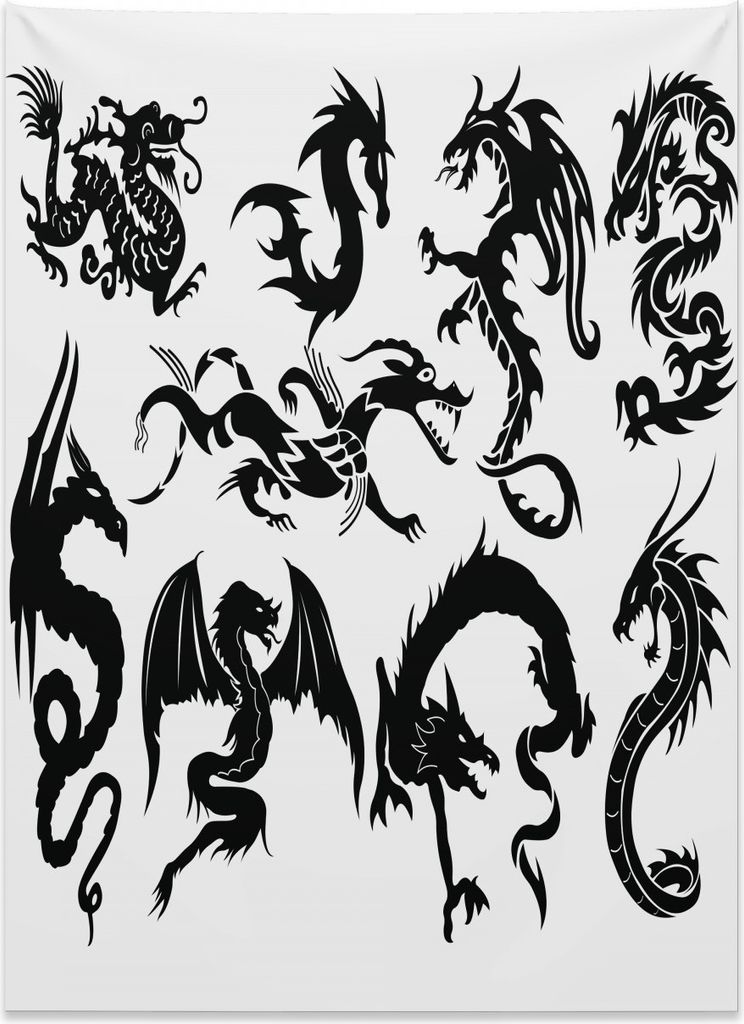 Abakuhaus Drachen Wandteppich, Orientalisches Monochrom aus Weiches Mikrofaser Stoff Kein Verblassen Klare Farben Waschbar, 110 x 150 cm, Weiß Sch...