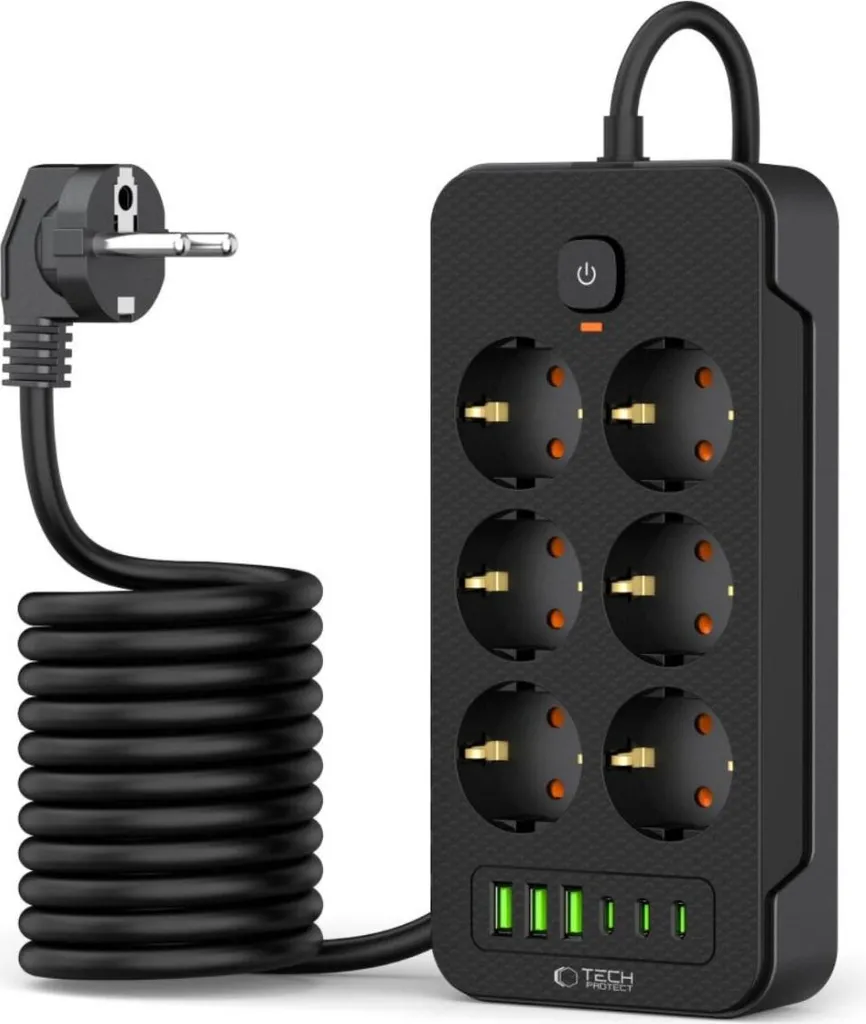 Multipresa Design Tech-Protect PC6X6: 6 Prese, USB-C, Cavo 2m Nero - 2