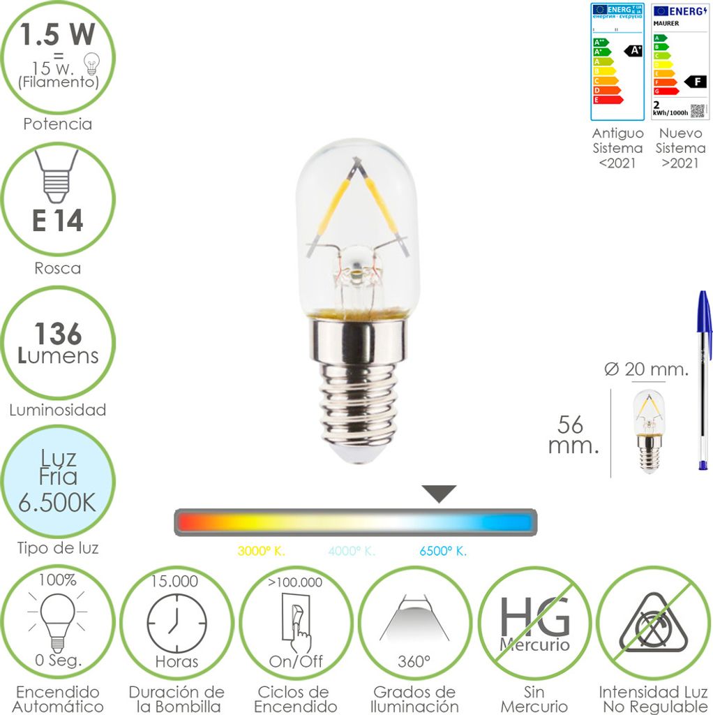 Rosca E14 LED Bombilla Frigorifico. 1.5 Watt. Äquivalent zu 15 Watt. 136 Lumen. Luz Fria (6500o K.)