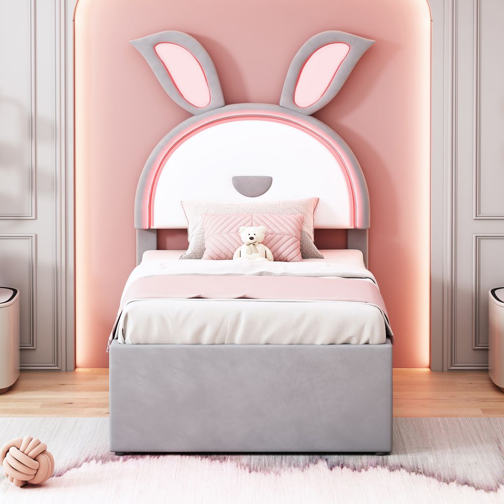 STILVORA Kinderbett 90x200 cm, Jugendbett mit ausziehbarem Bett, Kopfteil mit Hasenohren,mit Stauraumschublade und farbwechselndem LED-Licht, grau(...