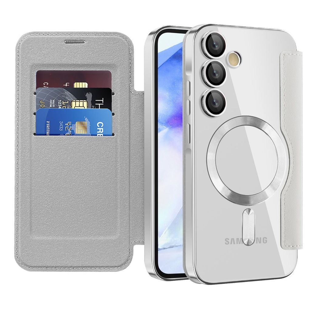 Klapphülle für Samsung Galaxy A55 Kompatibel mit Magsafe, Klar Überzug Kartenhalter Ledertasche mit Kameraschutz Silber
