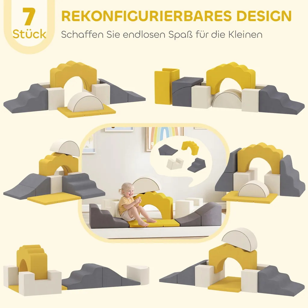 Structure de Jeu Intérieur pour Bébé : 7 Blocs en Mousse et Velours Jaune - 3