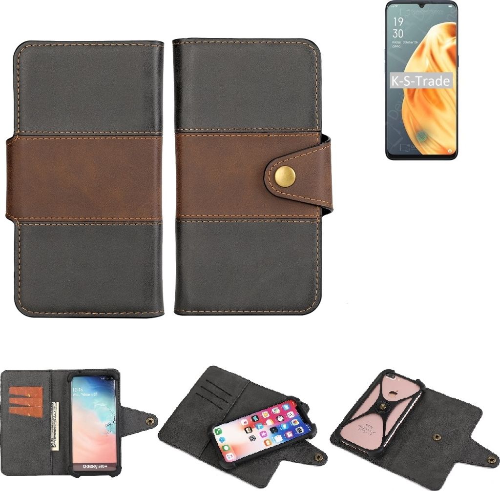 K-S-Trade Handyhülle Schutzhülle Hülle Bookstyle Wallet-Case kompatibel mit Oppo F15 Bumper Rundumschutz schwarz-braun 1x