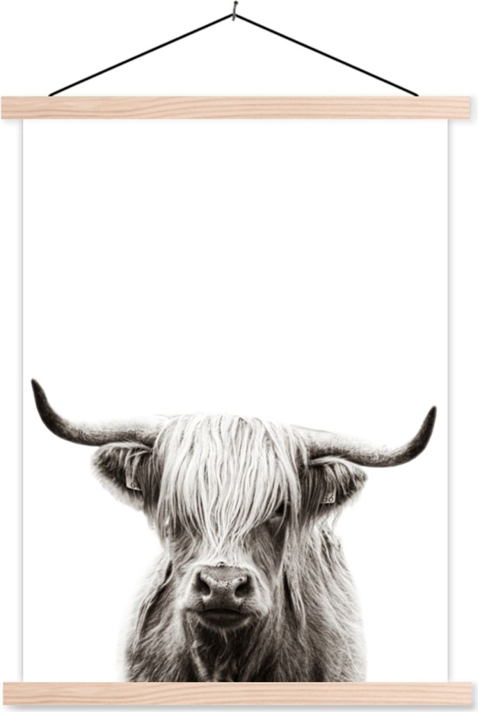 MuchoWow Textilposter Schottisches Hochlandrind - Tiere - Schwarz - Weiß 120x160 cm mit holzfarbenen Rahmen - Plakatkarton