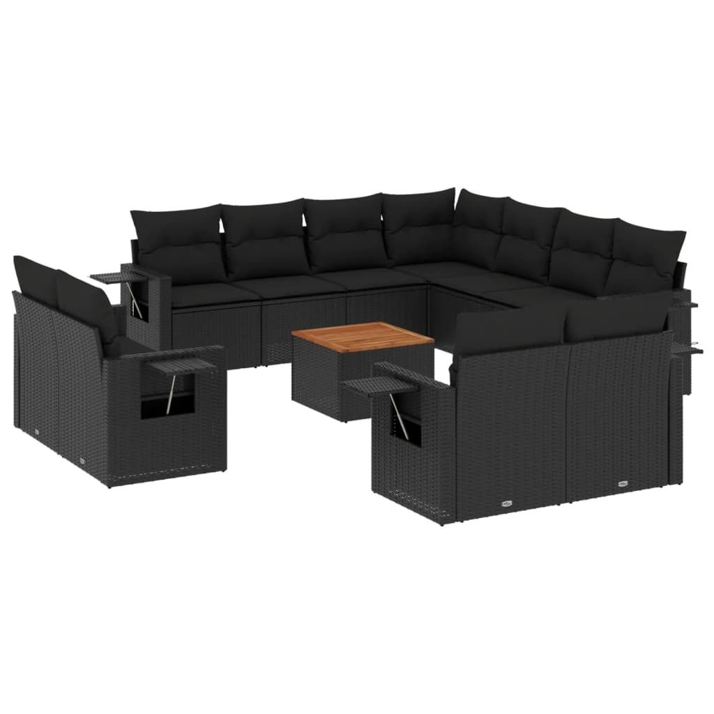 Garten-Sofagarnitur, modular, 12-teilig, mit Kissen, klappbaren Ablagen, Beistelltisch, PE-Rattan, Stahl, Akazienholz, Schwarz, UV-beständig