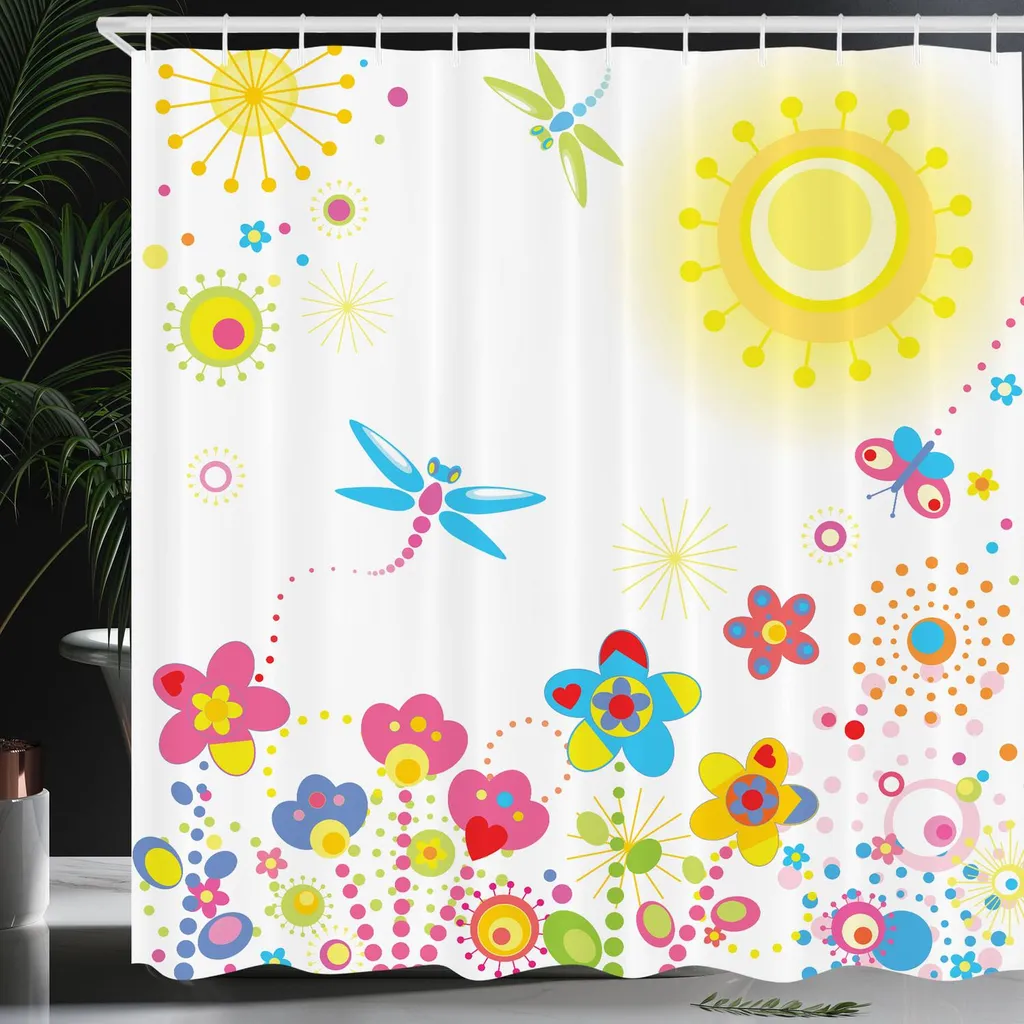 Rideau de Douche Anti-Eclaboussures 240cm Libellule Textile Multicolore