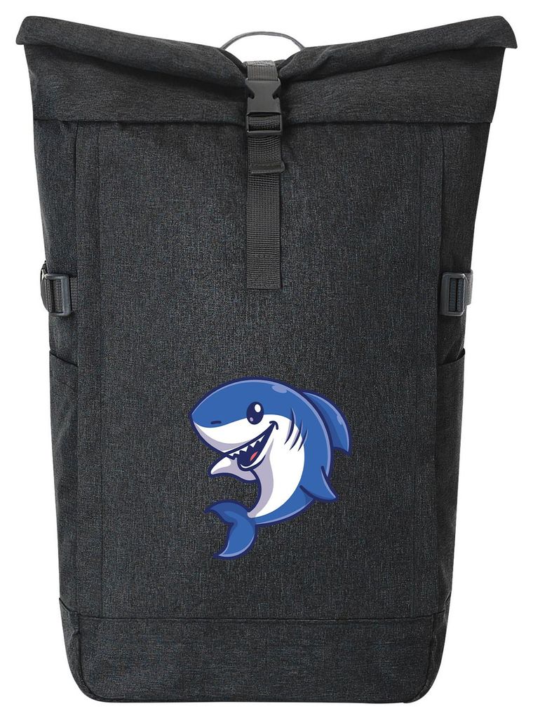 Huuraa Kurierrucksack Hai Comic 30-44 Liter Black Melange Fairtrade Rolltop Rucksack Geschenkidee
