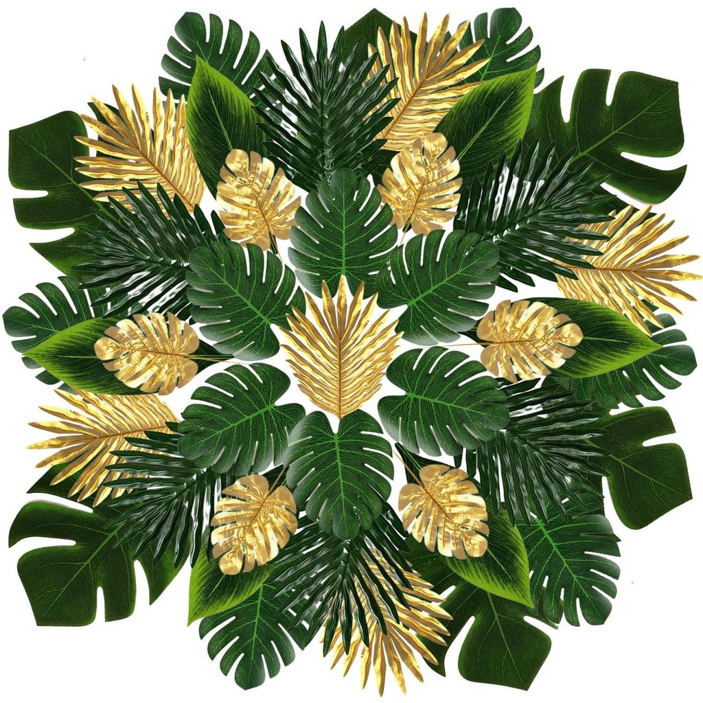 60 Dschungeldekorationsteile, 7 Arten von tropischen Palmenblättern und Monstera-Blättern, künstliche Blätter für Partydekoration, Strand, Geb...