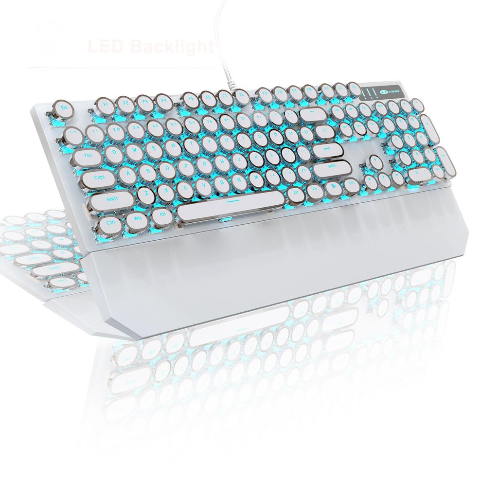 Mechanische Gaming Tastatur 104 Tasten USB, Blue Switch Keyboard mit Handballenauflage, Retro Rundtasten, blaues Licht, Weiße
