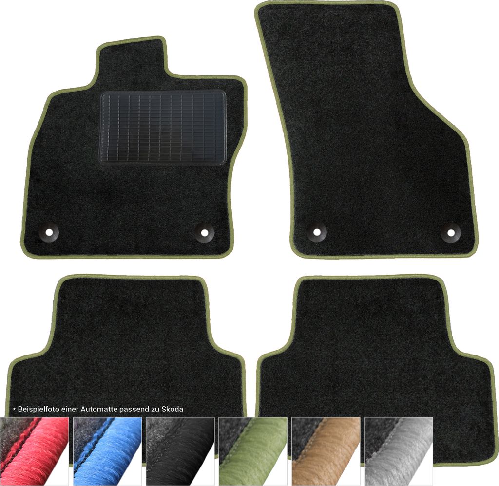moto-MOLTICO Fußmatten Auto Velours Autoteppiche Schwarz Automatten Set 4-teilig passend für Skoda Yeti ab 2009 (Grüne - Ziernähte)