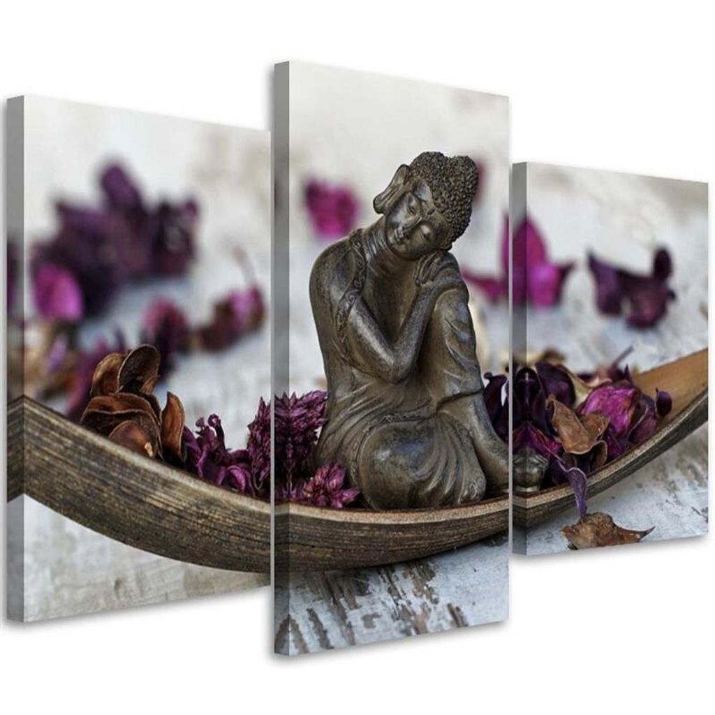 Triptychon auf leinwand zen-buddha und violette blumen 90x60 cm Feeby grau wandbild bereit zum aufhängen