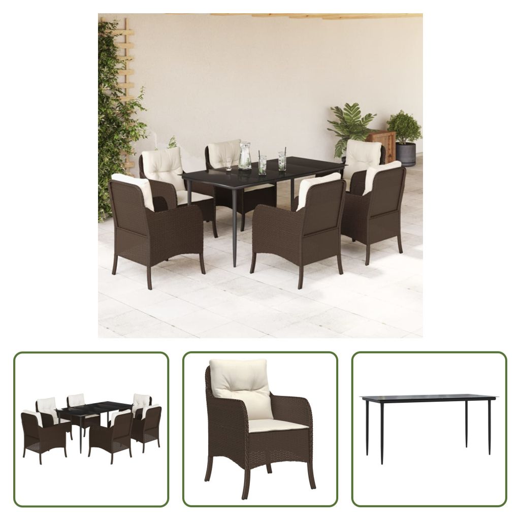 The Living Store 7-tlg. Garten-Essgruppe mit Kissen Braun Poly Rattan