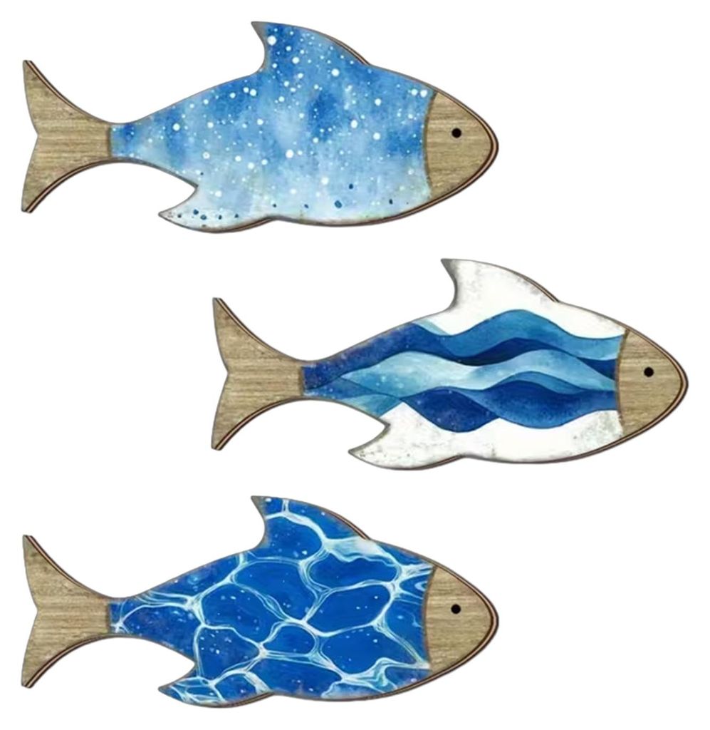 3-teiliges Vintage-Strand-Wanddekor-Set: Nautische Holzfische im Küstenstil, blaue Fischskulpturen, Seehaus-Ozean-Ornamente für Badezimmer und Sc...