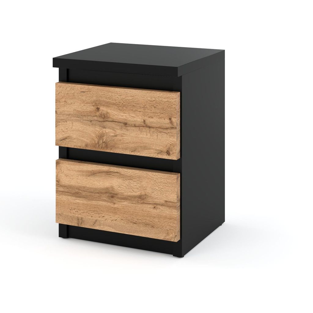 A black and wood grain bedside table with two drawers, isolated on a white background.