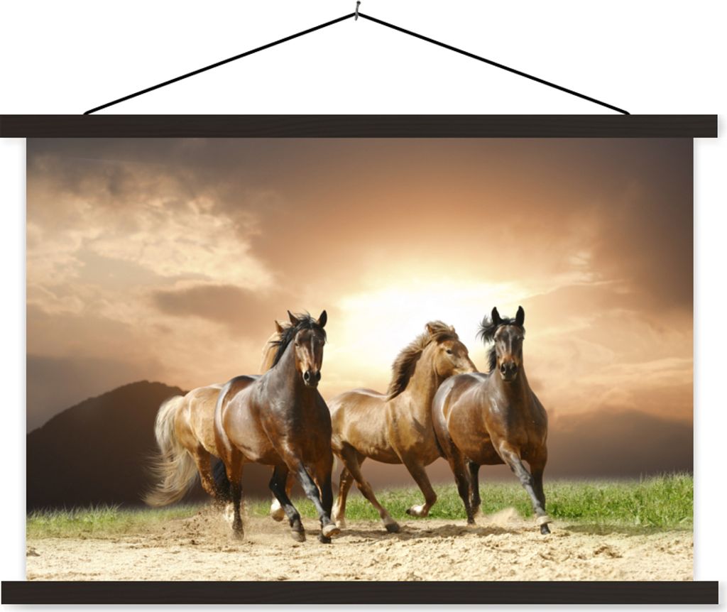 MuchoWow Textilposter Pferde - Sand - Sommer 60x40 cm mit schwarzem Rahmen - Hölzernes