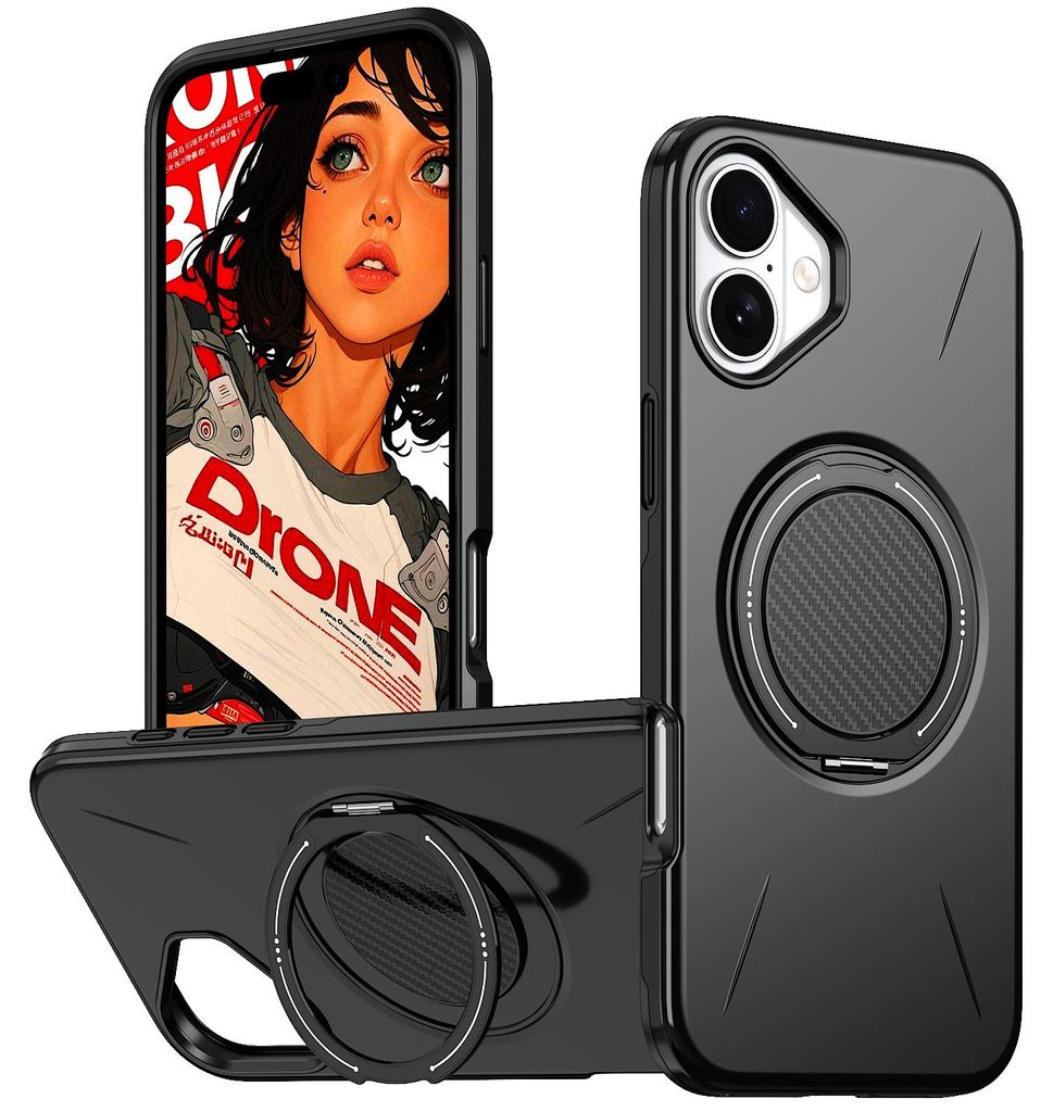 Magnetisch Hülle für iPhone 16 Plus, Stoßfeste Weich TPU und Hard PC Schutzhülle mit Ringhalter Ständer Schwarz