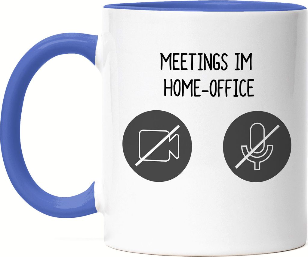 Meetings Im Home-Office Tasse Blau Meetings Homeoffice Internet Mikro Sound Heimarbeit Internet Laptop Videokonferenz