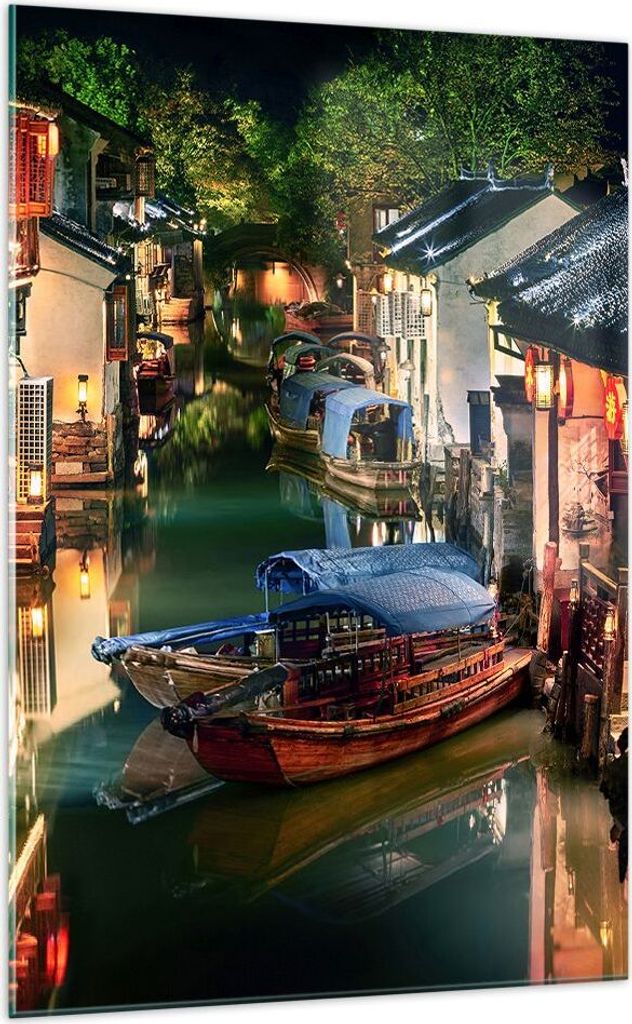 Bilder auf glas - Einteilig - Chinesisch Stadt Nacht - 70x100cm - Glasbilder - Wandbilder - Bilder - zum Aufhängen bereit - Wanddekoration aus Gla...