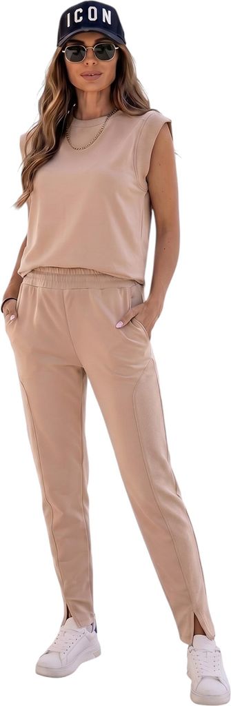 Damen Freizeitanzug 2-teilig – Baumwollmix Lounge Set mit Schulterdetail & Schlupfhose Beige/S/M
