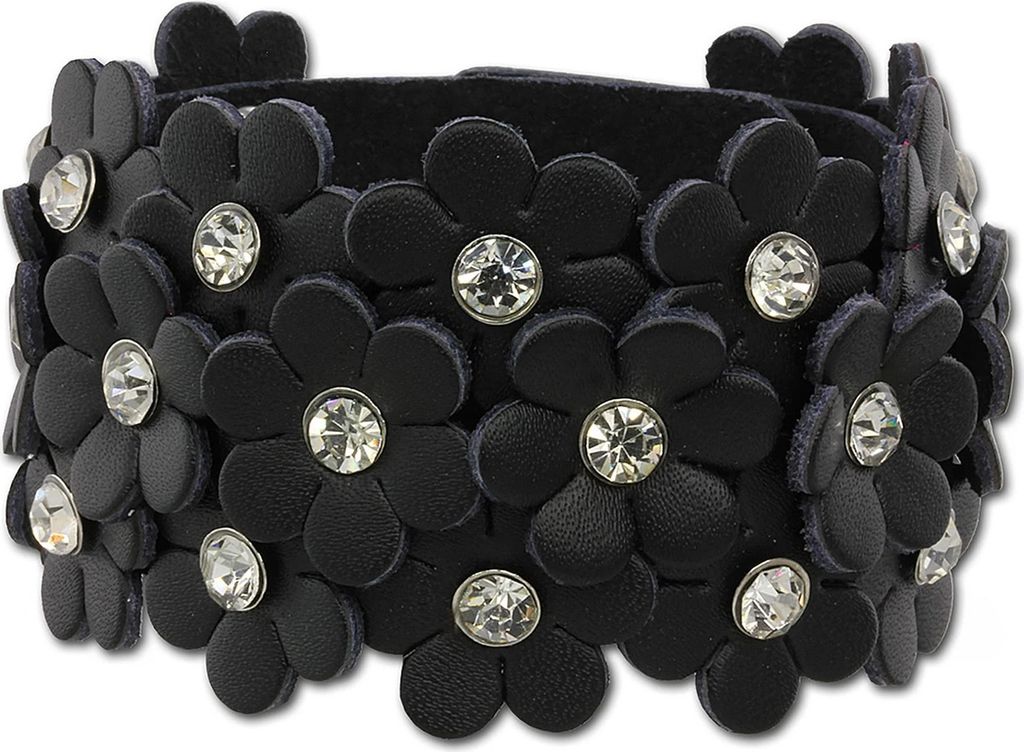 SilberDream Armband -gegerbtes Rindsleder- schwarz Glitzer Blumen Damen LA5668S