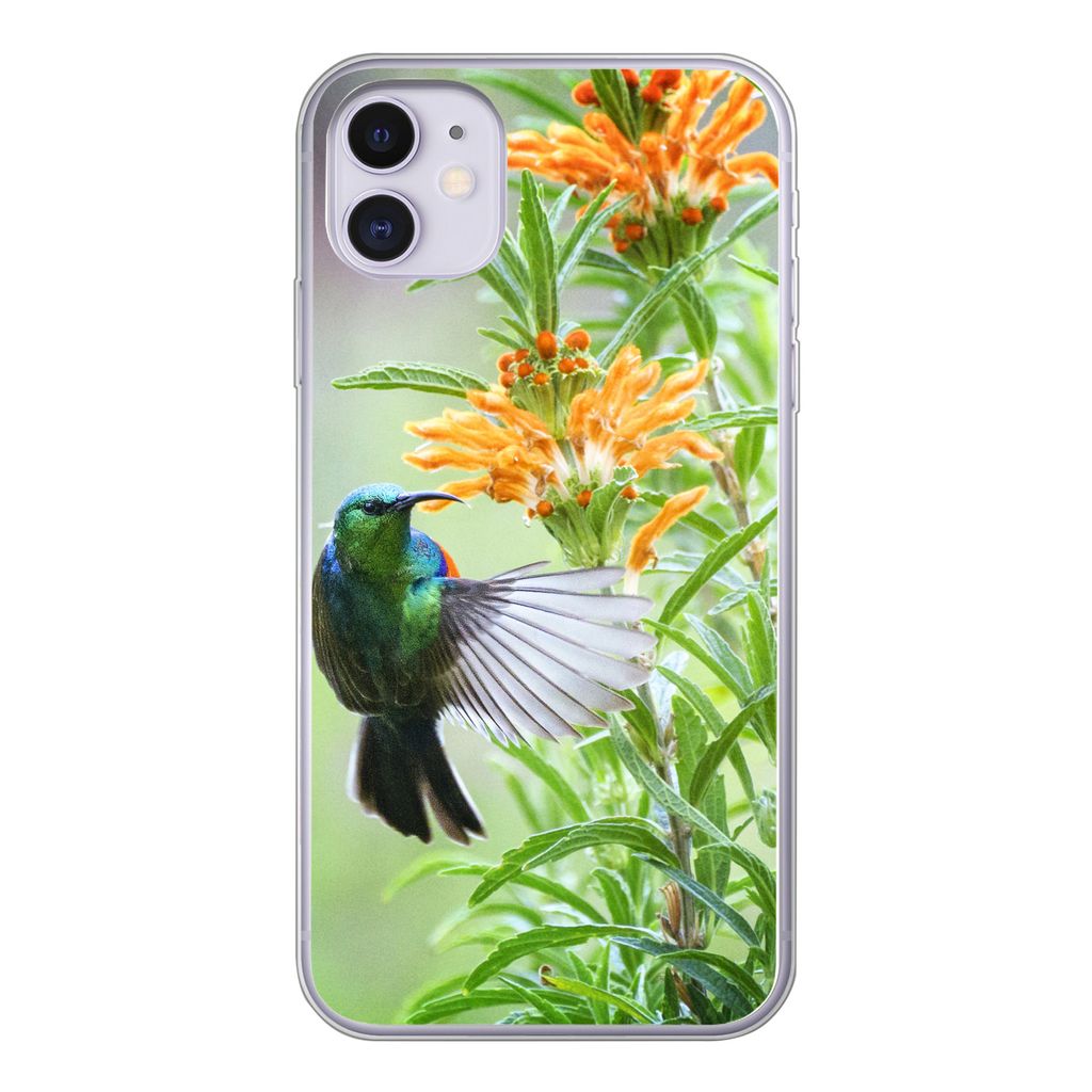 MuchoWow Handyhülle Schutzhülle Hülle für iPhone 11 Nahaufnahme eines bunten Vogels neben Pflanzen mit orangefarbenen Blüten Silikon Softcas...