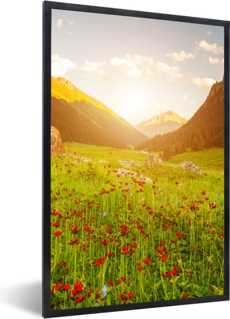 MuchoWow Gerahmtes Poster Blumen - Berg - Sonne 20x30 cm - Poster mit Schwarzem Bilderrahmen Wandposter Rahmen Foto Bilder - Drucken - Bilder Pos...