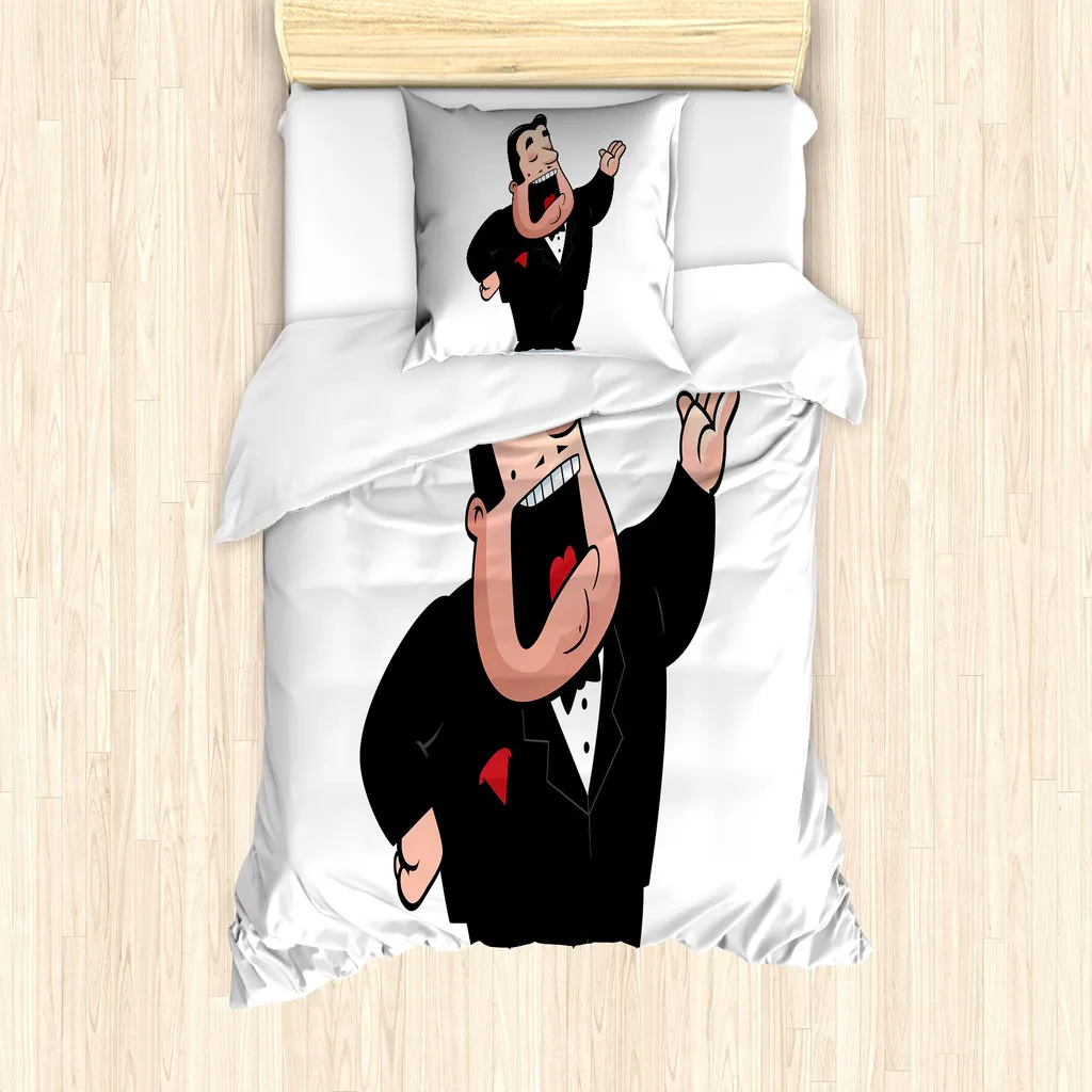 ABAKUHAUS Set copripiumino per letto singolo, Cartoon Singer Mann in smoking, antiacaro, adatto a chi soffre di allergie, con federa, 135 cm x 200 cm - 80 x 80 cm, nero vermiglio