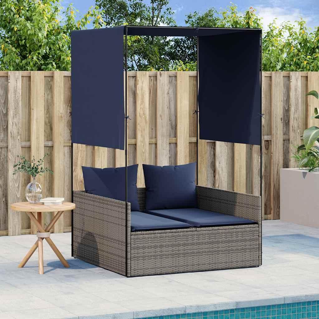 Möbel Doppelte Sonnenliege mit Dach und Vorhängen, grau, Polyrattan - Gartenliegen CC4070