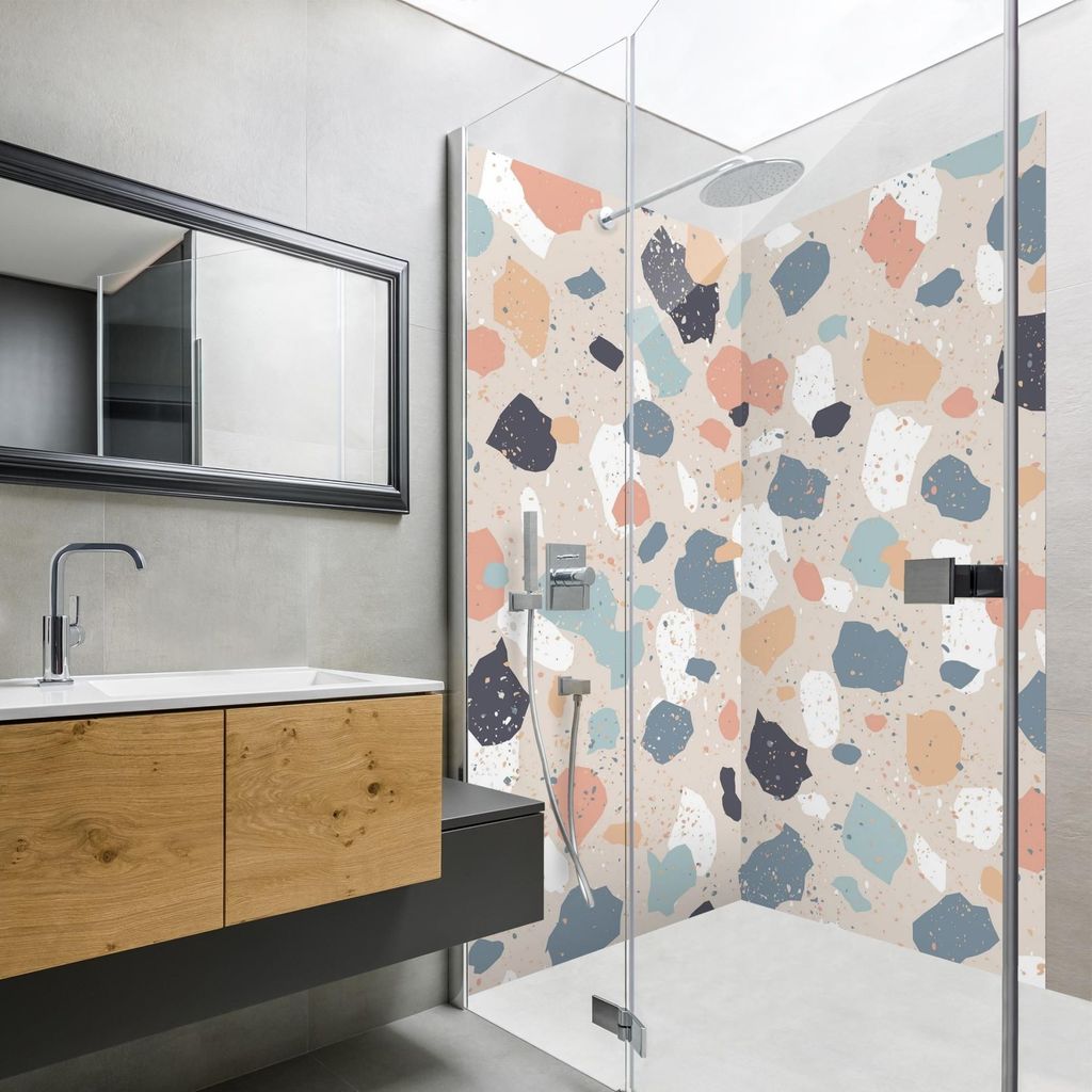 Duschrückwand Muster selbstklebend - 0.61 mm Wandpaneel wasserfest Design pastell Steinoptik Badrückwand fugenlos Premium matt 110x190 cm