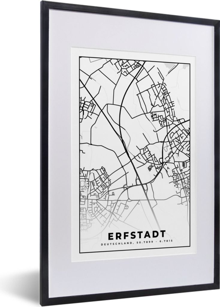 MuchoWow Gerahmtes Poster Stadtplan - Karte - Erfstadt 40x60 cm - Poster mit Schwarzem Bilderrahmen Wandposter Rahmen Foto Bilder - Poster in Rahmen