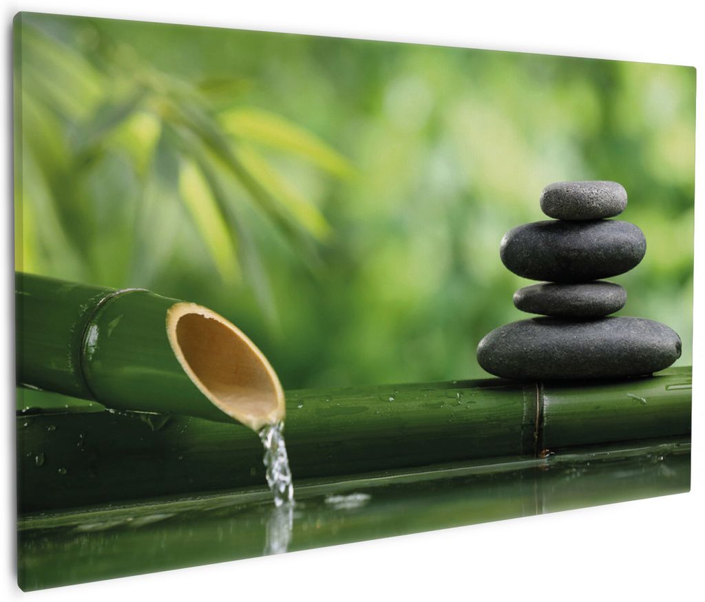 Wallario Premium Leinwandbild Steinstapel und Bambus auf dem Wasser in Größe 60 x 90 cm