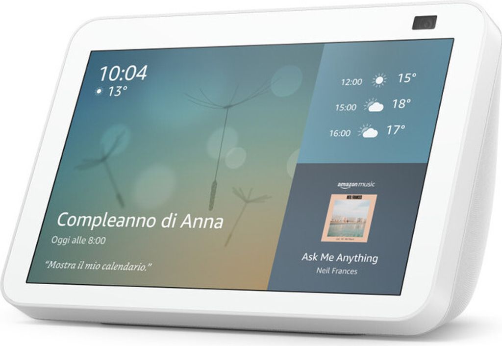 A white Amazon Echo Show 8 (2nd Gen) smart display is shown from a slightly angled front view, displaying its screen with various information.