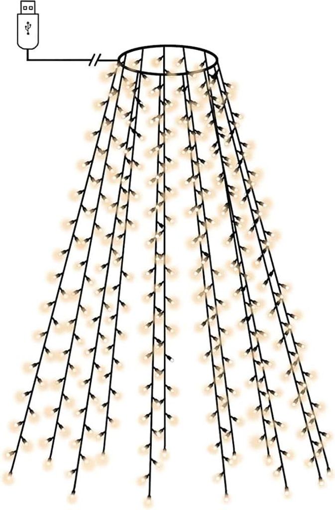 A diagram of a Christmas tree-shaped string of lights with a USB connector.