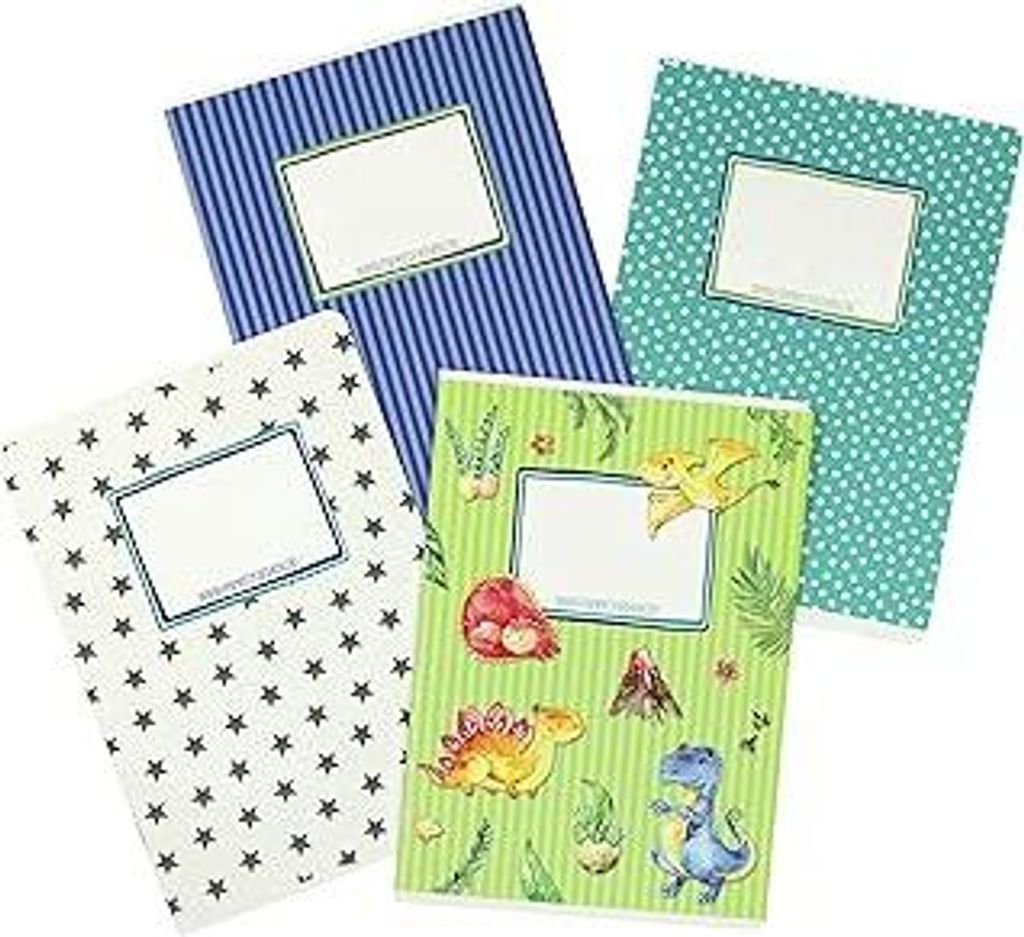 Papierdrachen 4 hochwertige Schulhefte für Kinder DIN A5 | liniert und kariert 32 Seiten - Motiv Dino - zur Einschulung für Grundschüler - Set N...