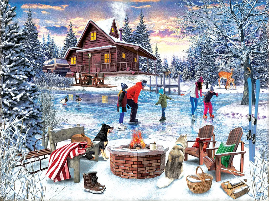 Grand puzzle 1000 pièces paysage hivernal Patineurs et feu de camp 70x50