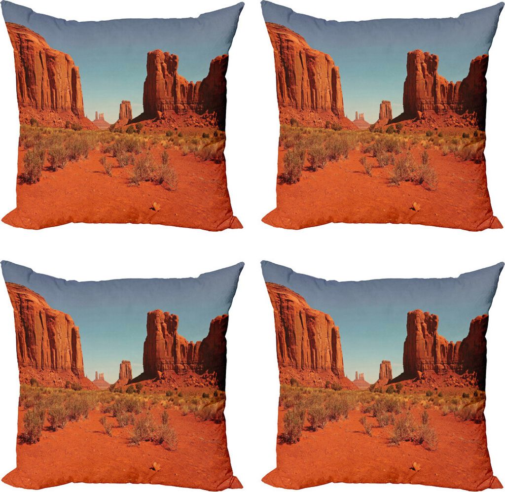 ABAKUHAUS Wüste Kissenbezug Set (4 Stück), Hot Day Monument Valley, Moderner Doppelseitiger Digitaldruck, 60 cm x 60 cm, Dark Orange Pale Blue