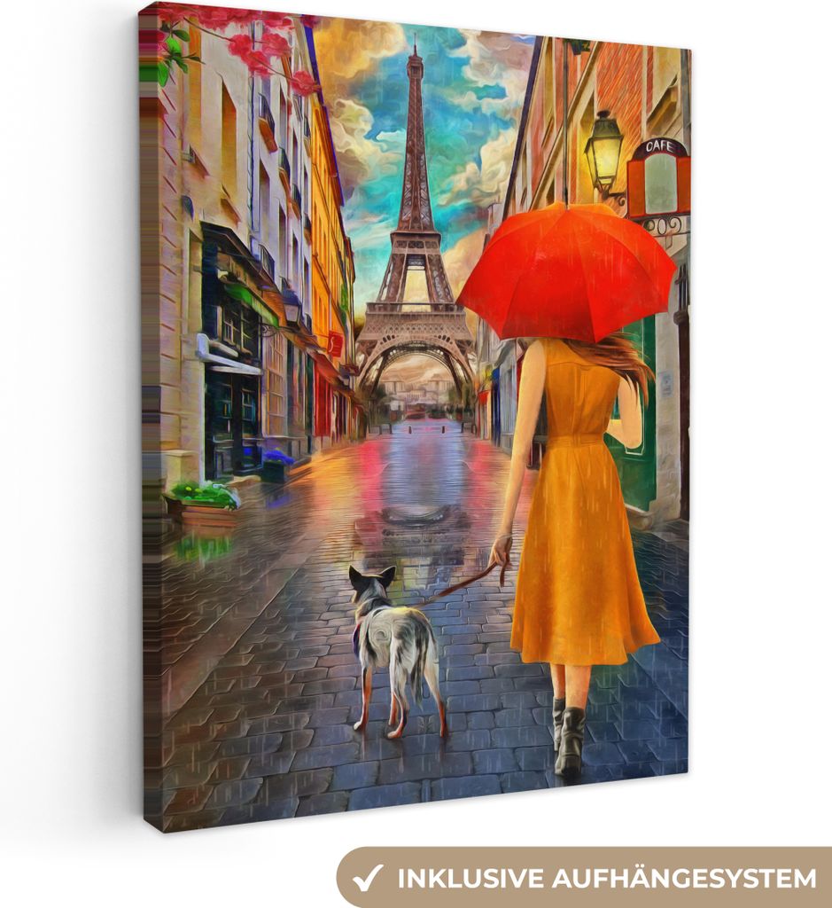MuchoWow - Leinwandbilder - Gemälde - Ölfarbe - Frau - Hund - Paris, Wandbild, Wanddeko Bilder Wohnzimmer, 60x80 cm