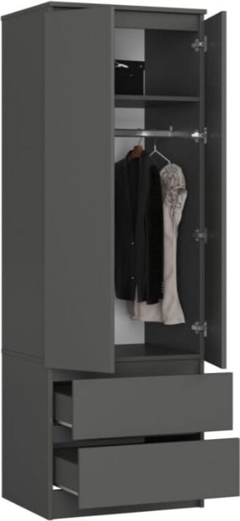 BDW, Kleiderschrank 2 Türen 2 Schubladen, 180x60x51 cm, Graphit