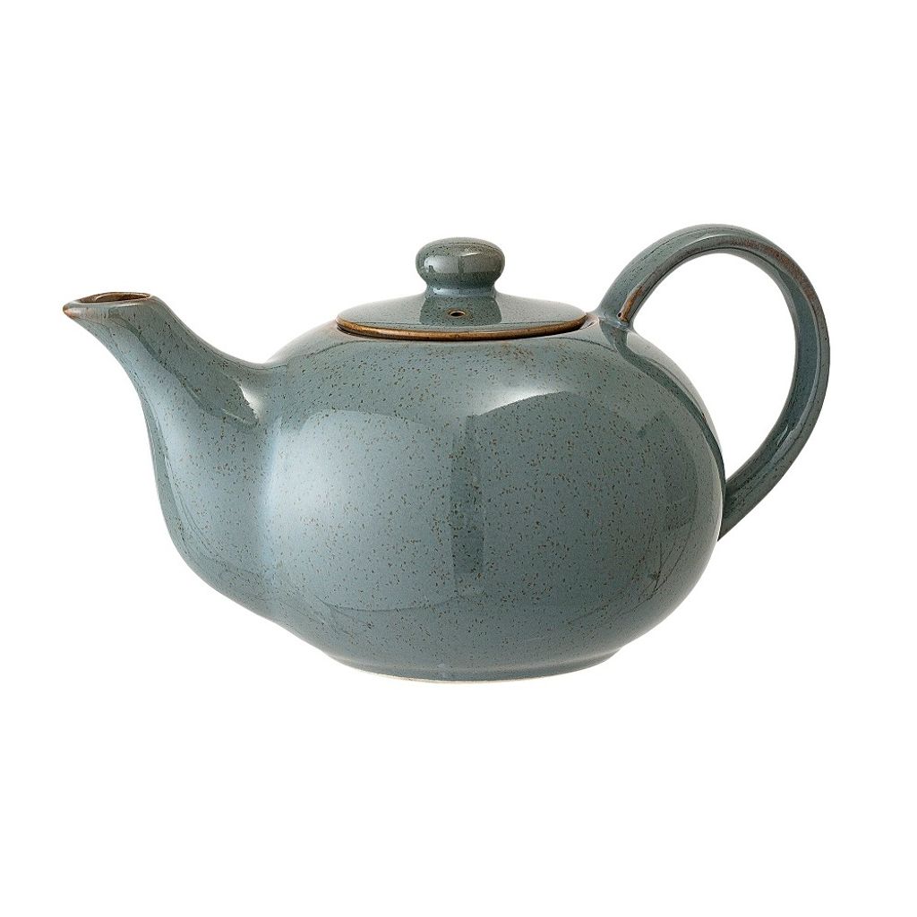 A side view of a green ceramic teapot with a lid and handle, isolated on a white background.