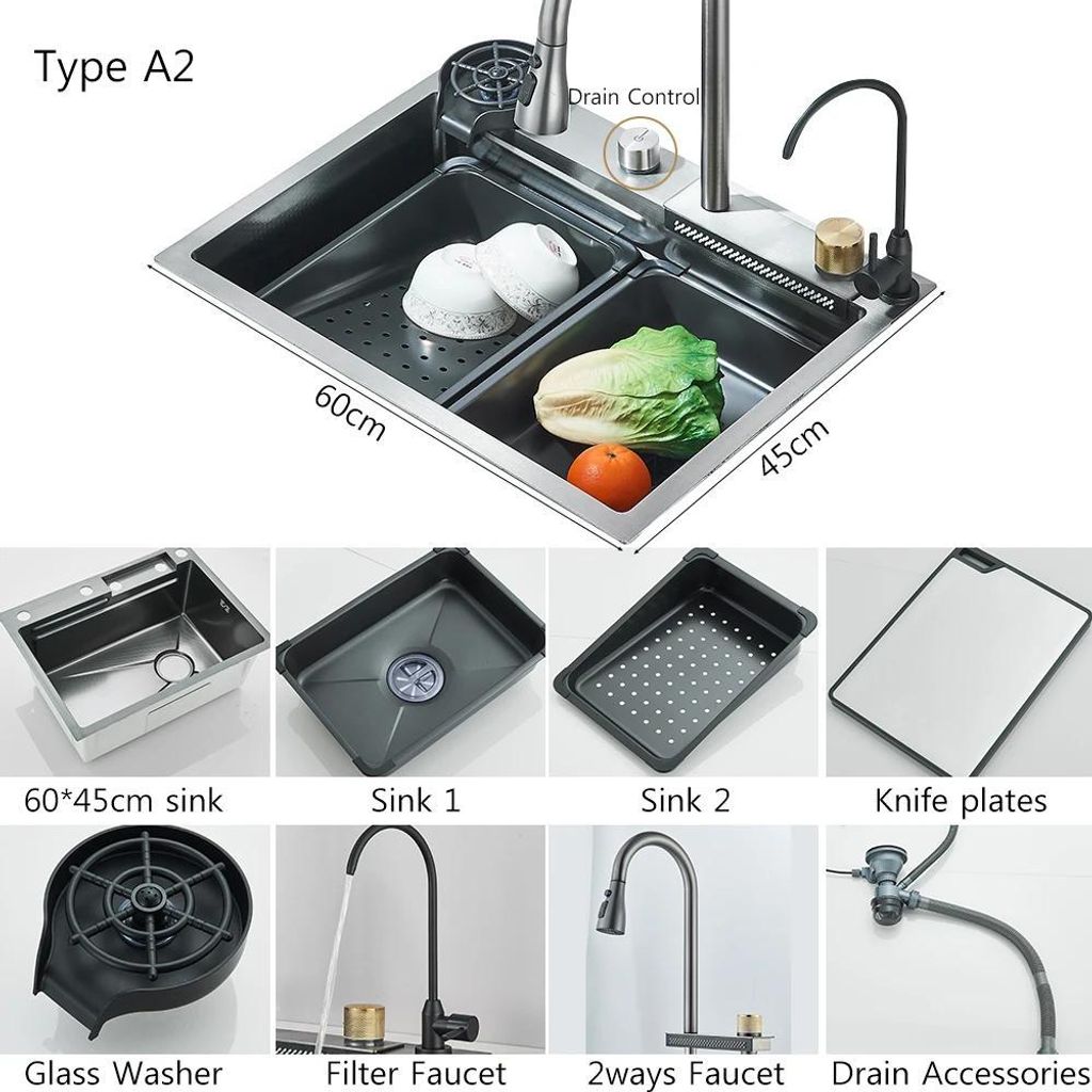 Küchenspüle - 60x45 cm A2 - Unterbau - Einzelbecken - Edelstahl 304 - Gebürstet - Mit Armatur - 4-Loch - Gelb