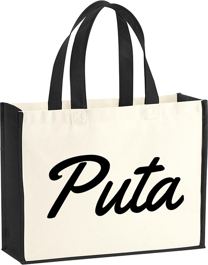 Huuraa Jutetasche Puta spanisch Schriftzug 21 Liter Black Jute und Baumwolle Einkaufstasche Geschenkidee
