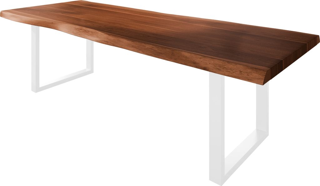 Esstisch Baumkante massiv Akazie nussbaumfarben 280 x 110 U-Gestell Metall weiß TITAN