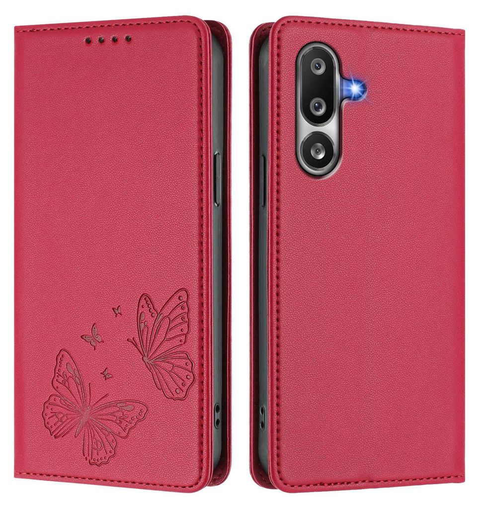 Lederhülle für Samsung Galaxy M36, Schmetterling Prägung Leder Brieftasche Schutzhülle mit Ständer Rot