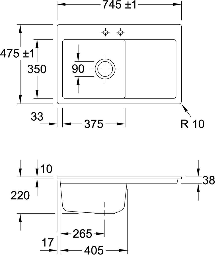 Villeroy & Boch Keramikspüle 67722FRW, Subway 45 flat Flächenbündige Spüle - inkl.