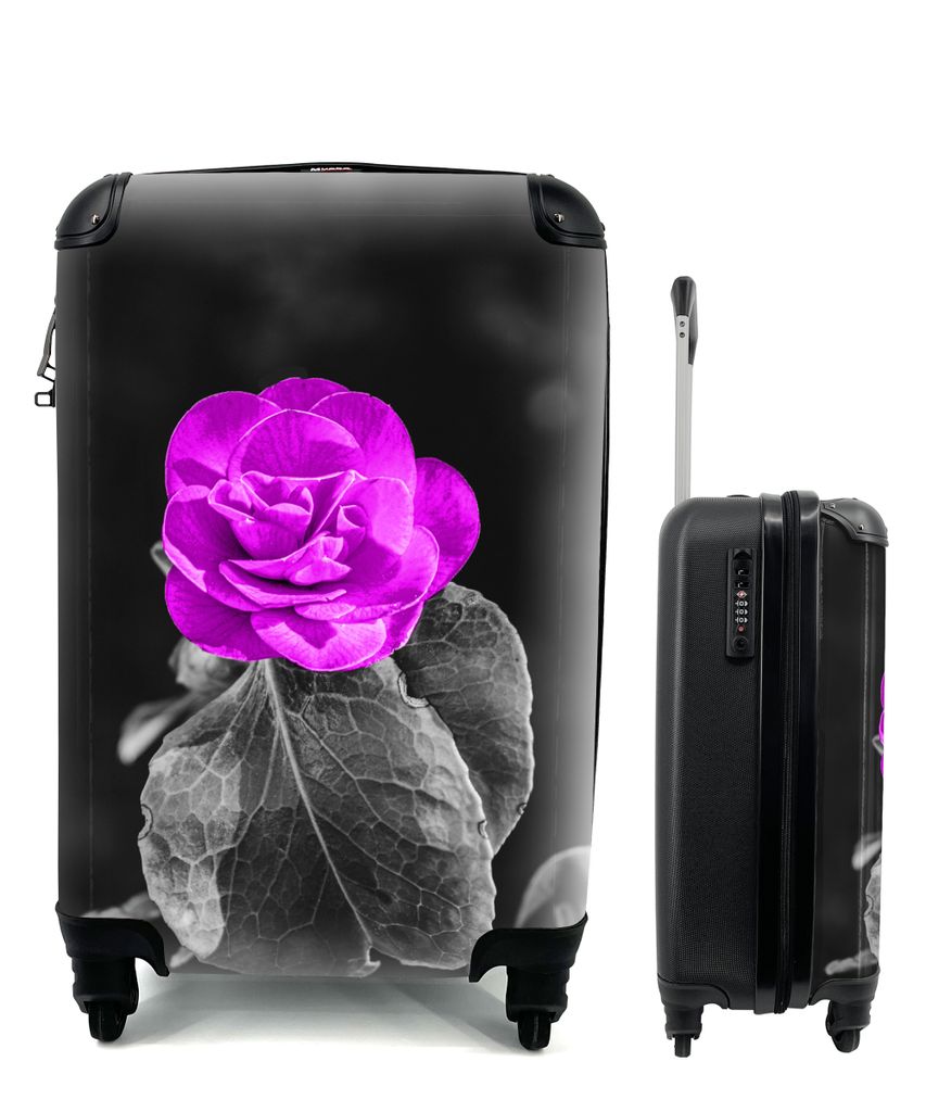 MuchoWow Koffer Handgepäck Trolley Rollkoffer Kleine Reisekoffer mit 4 Rollen - Blumen - Rose - Lila - Schwarz - Weiß - Cabin Size < 55x40x23 c...