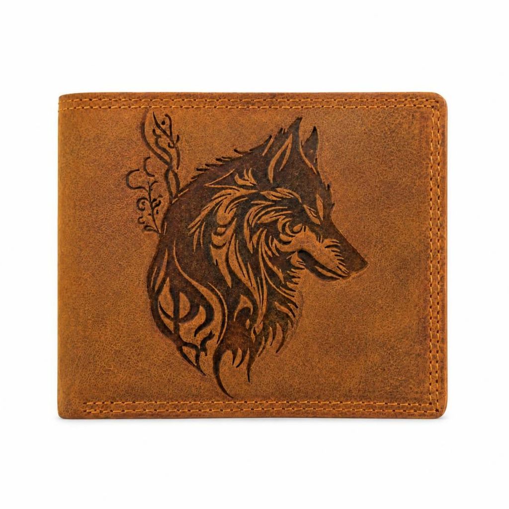 Portemonnaie Büffelleder – RFID-Schutz, Wolf-Motiv, Braun, Produktbild  KI-generiertes Bild