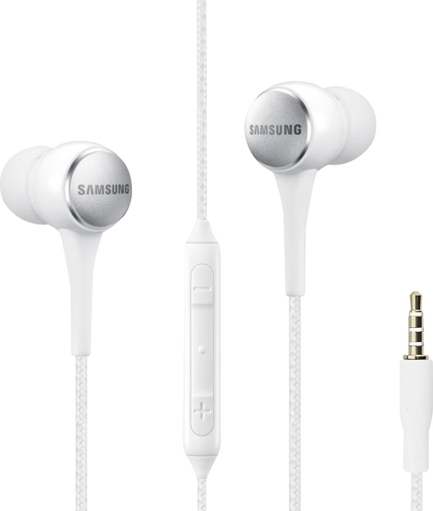 A pair of white Samsung in-ear headphones with a silver accent on a white background.