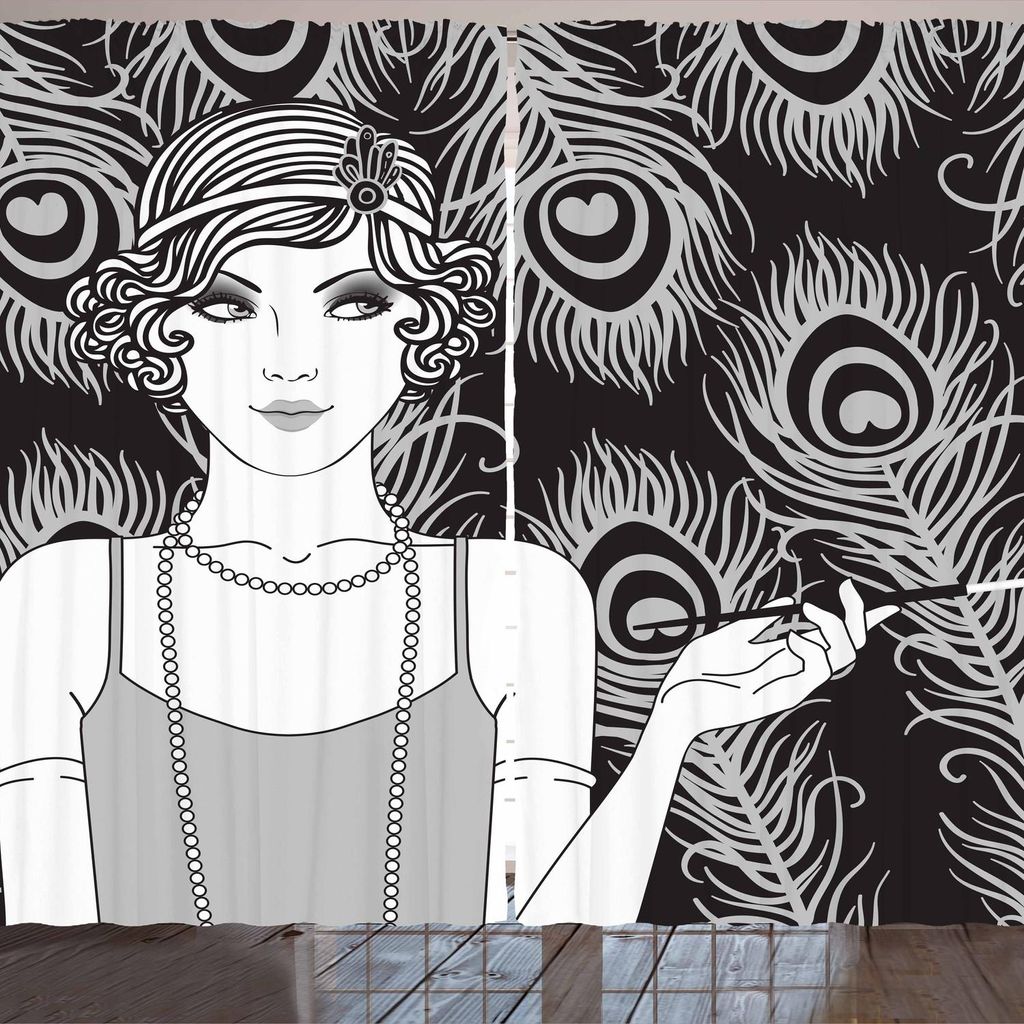 ARANDE Pin up Girl Gardine, Retro-Style-Party-Konzept und eine Teenager kurzhaarige Teenager-Mädchen, 280 x 260 cm, Grau Hellgrau und Schwarz